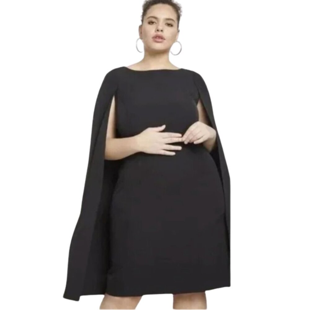 NWT Eloquii Women's Size 28 Boat Neck Cloak Sleeves Cocktail Cape Dress Black